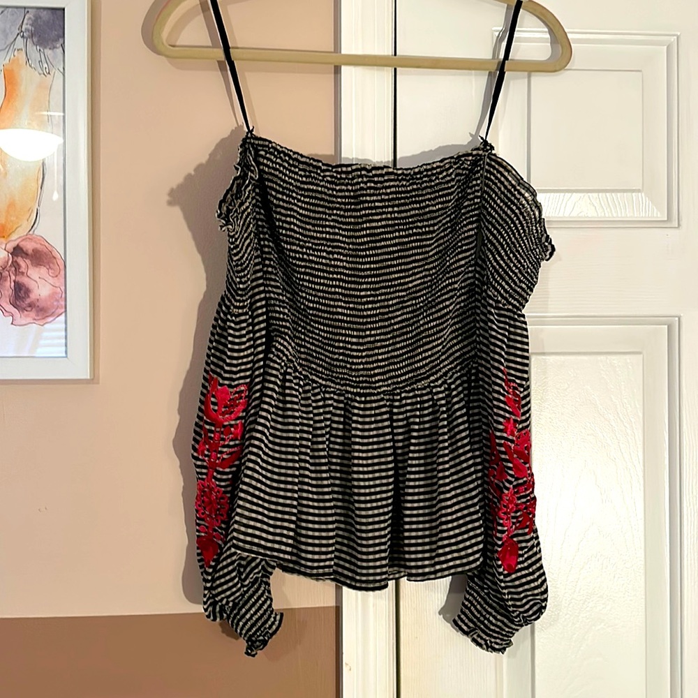 Flirty Off Shoulder Top with Embroidered Sleeve Design